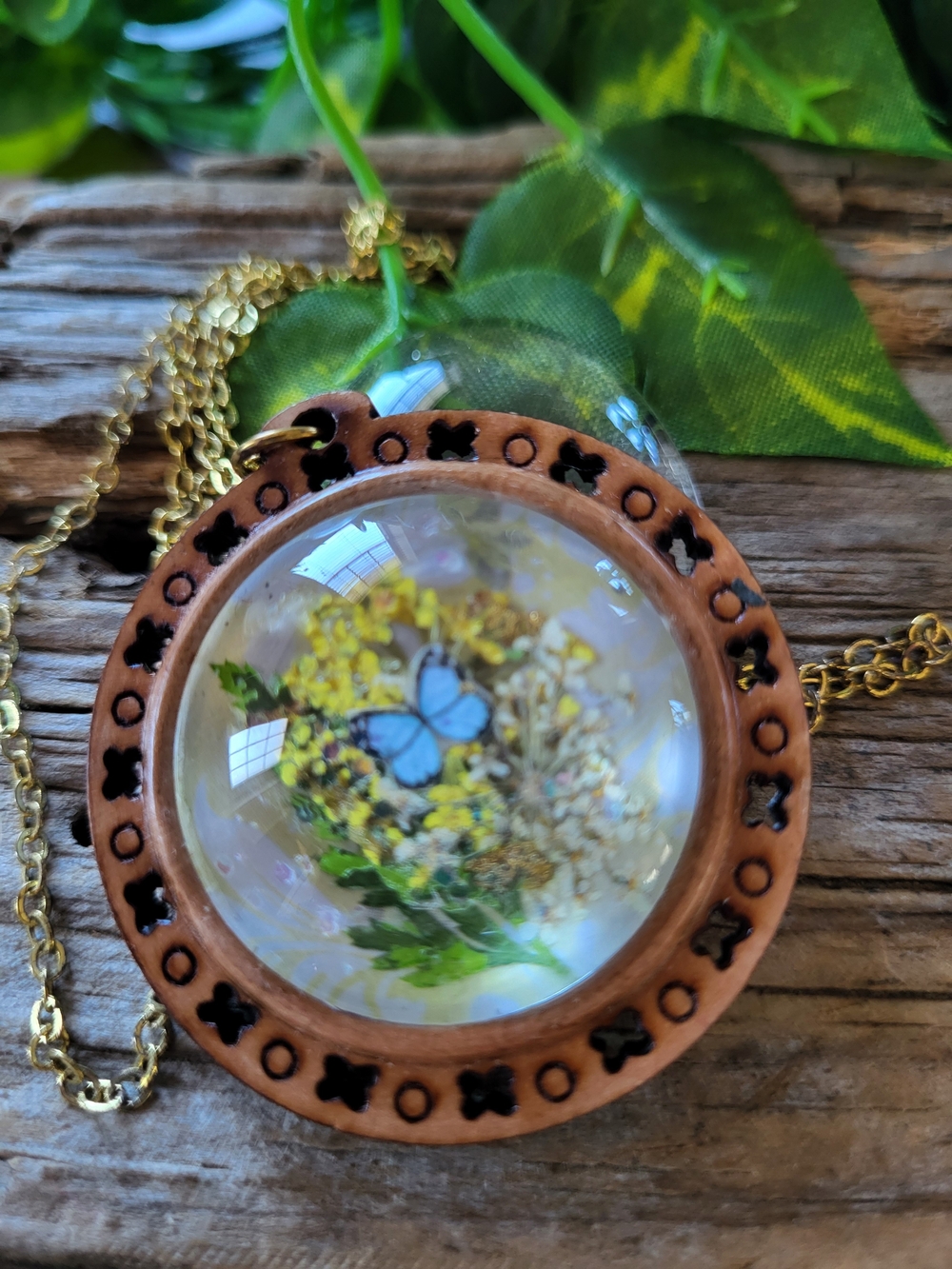 Blue Butterfly Garden In Wooden Frame Under Glass
